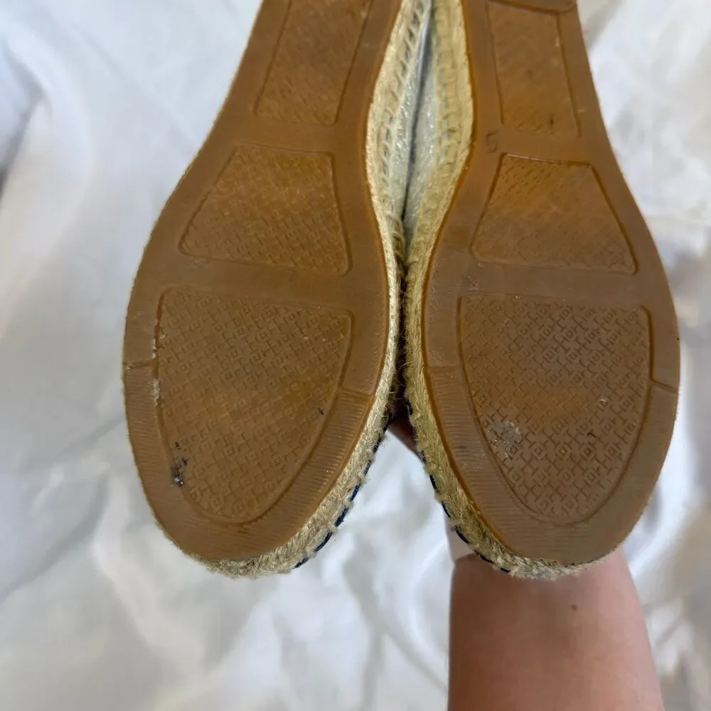 Tory Burch Espadrilles Silver Metallic Black Leather Cap Toe Flats Size 5.5